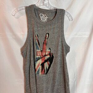 Women's Sleeveless grey Chasor Racerback Tank w/peace sign hand, Size M